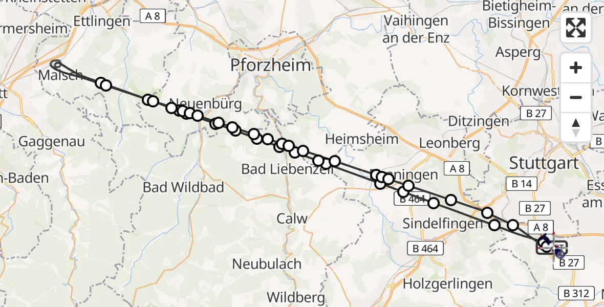 Flugroute Polizeihubschrauber Flughafen Stuttgart - Flughafen Stuttgart, 30 Juli 2026, 22:27