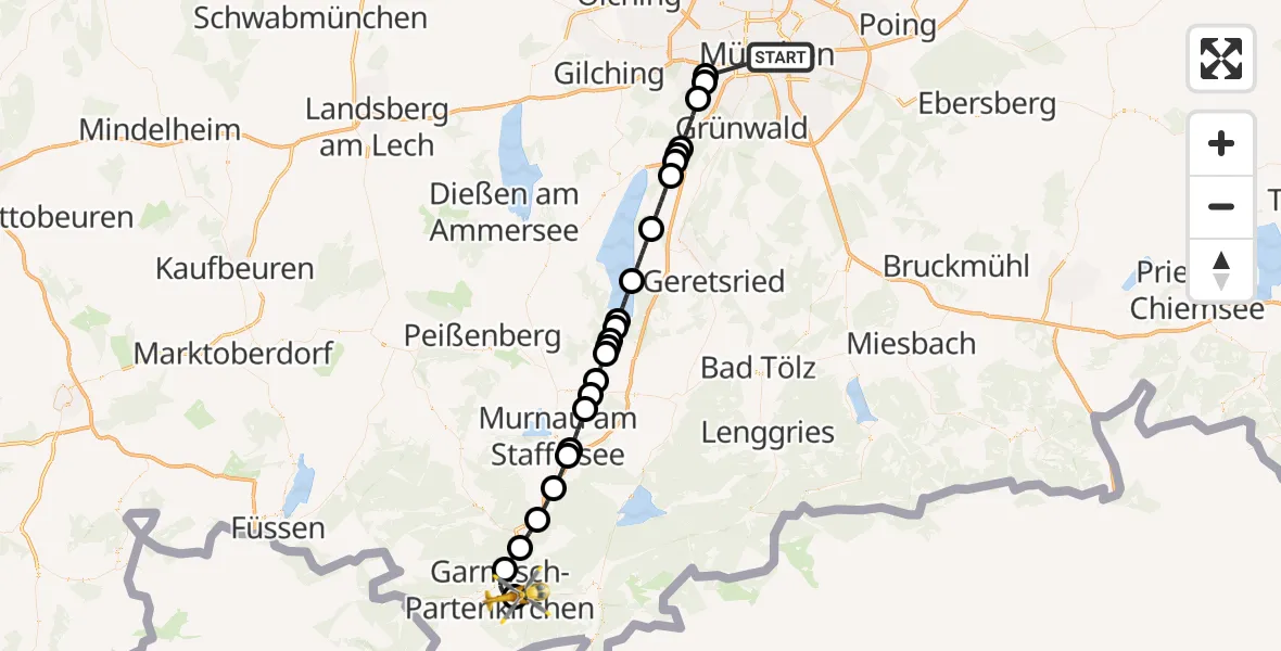Flugroute Rettungshubschrauber Rechts der Isar University Hospital - Garmisch-Partenkirchen Clinic Hubschrauberlandeplatz, 30 Juli 2026, 22:32