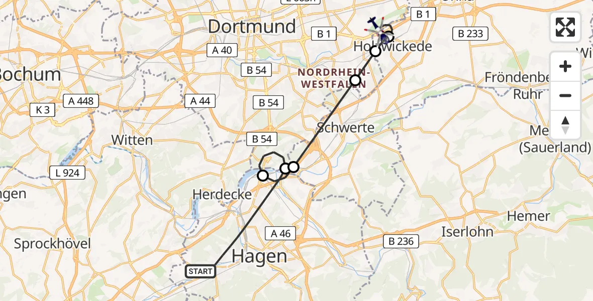 Flugroute Polizeihubschrauber Hagen - Dortmund Flughafen, 30 Juli 2026, 23:06