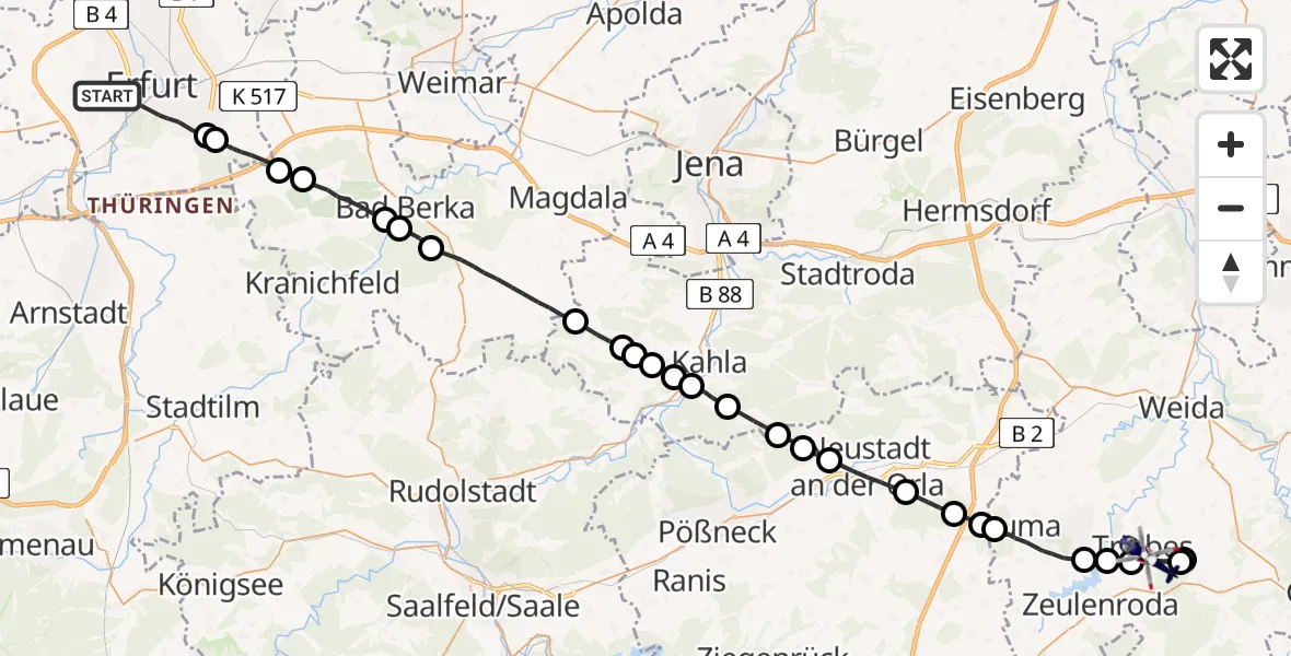Flugroute Polizeihubschrauber Erfurt - Zeulenroda-Triebes, 30 Juli 2026, 23:23