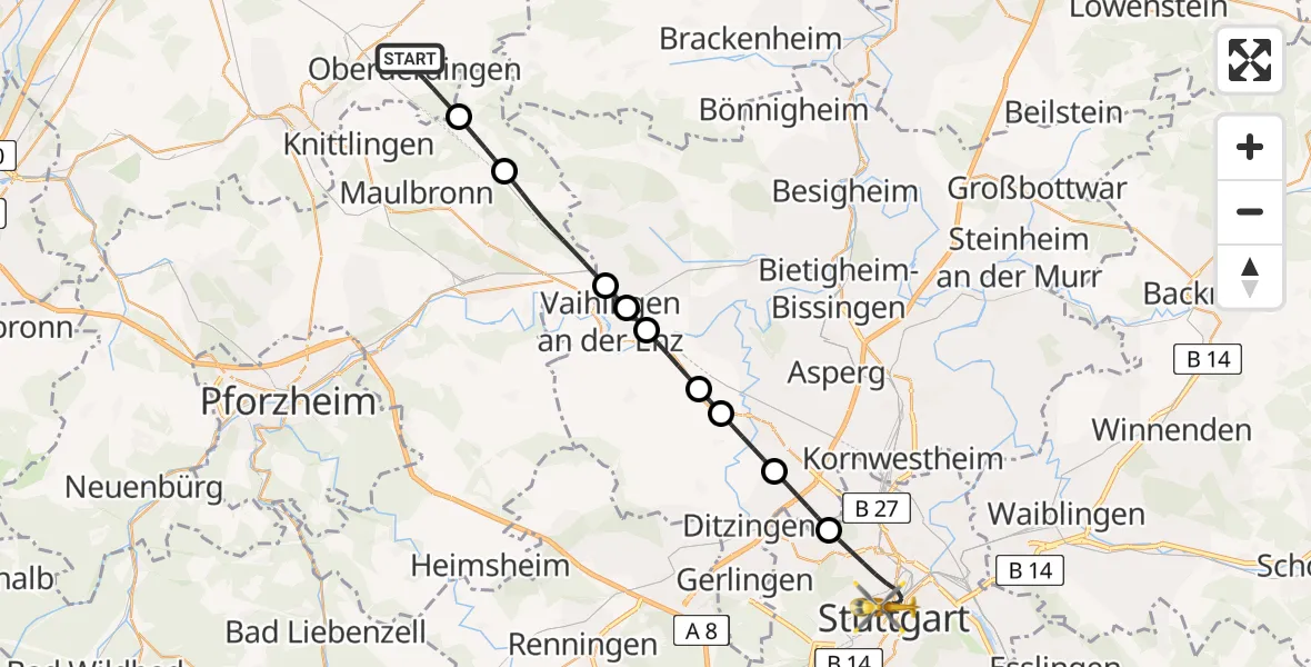 Flugroute Ambulanzhubschrauber Oberderdingen - Stuttgart, 30 Juli 2026, 23:43