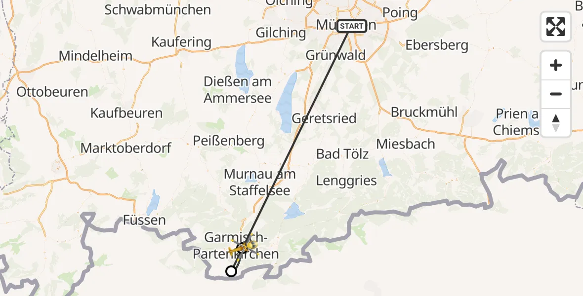 Flugroute Rettungshubschrauber Rechts der Isar University Hospital - Garmisch-Partenkirchen Clinic Hubschrauberlandeplatz, 30 Juli 2026, 23:43