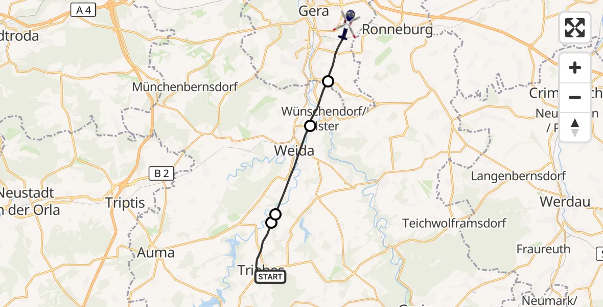 Flugroute Polizeihubschrauber Zeulenroda-Triebes - Gera, 31 Juli 2026, 00:10