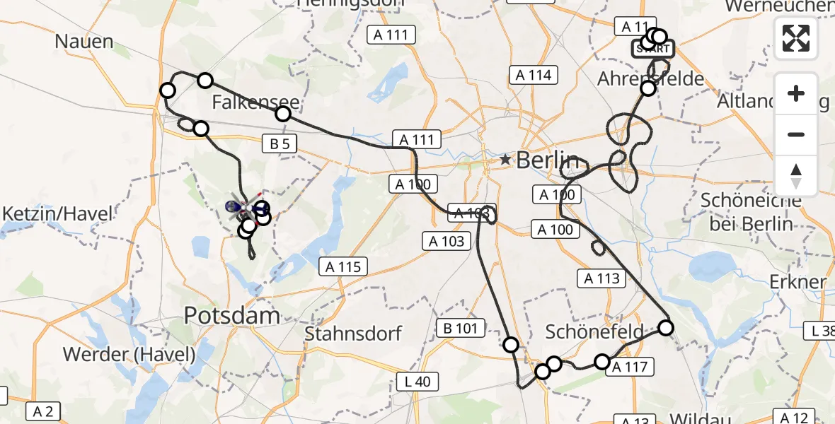 Flugroute Polizeihubschrauber Ahrensfelde Hubschrauberlandeplatz - Dallgow-Döberitz, 31 Juli 2026, 00:10