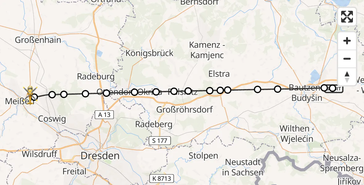 Flugroute Rettungshubschrauber Bautzen Flugplatz - Meißen, 31 Juli 2026, 00:52