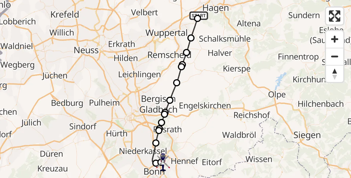 Flugroute Polizeihubschrauber Gevelsberg - Sankt Augustin, 31 Juli 2026, 00:58