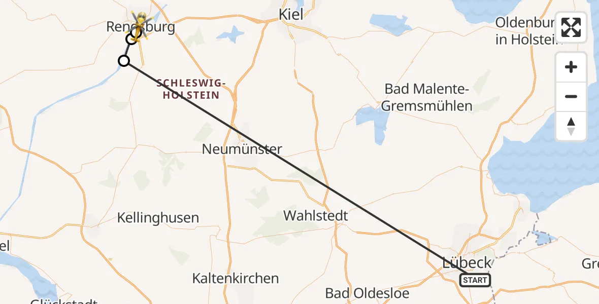 Flugroute Ambulanzhubschrauber Lübeck - Rendsburg, 31 Juli 2026, 01:14