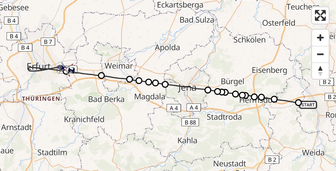 Flugroute Polizeihubschrauber Gera - Erfurt, 31 Juli 2026, 01:26