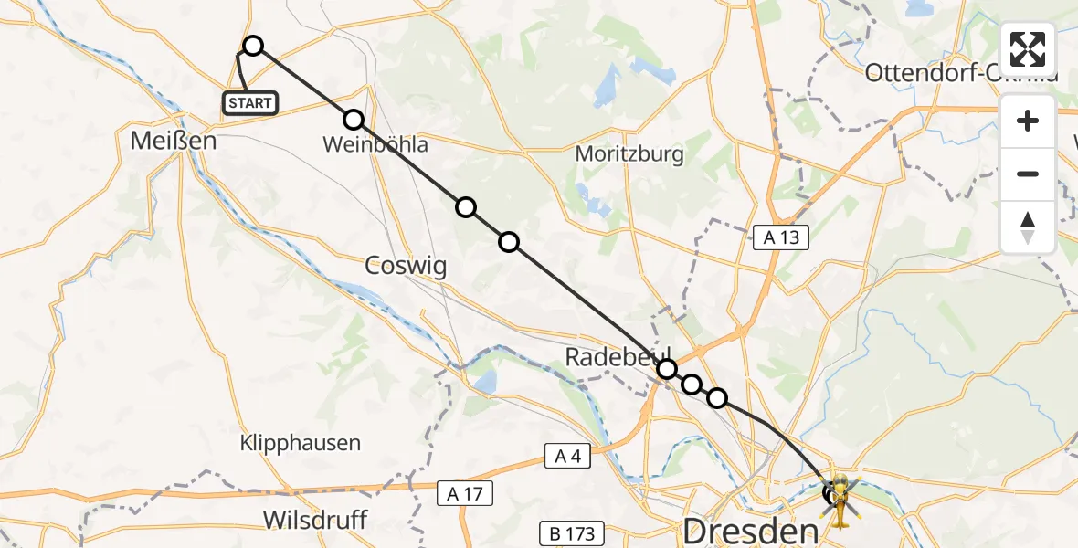 Flugroute Rettungshubschrauber Meißen - Dresden University Hospital, 31 Juli 2026, 01:38