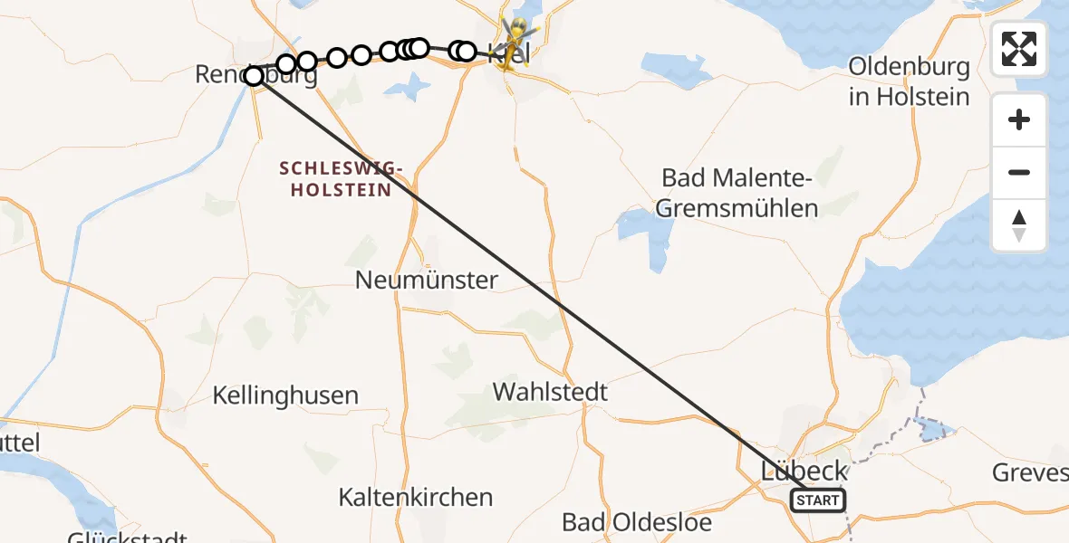 Flugroute Ambulanzhubschrauber Lübeck - Kiel, 31 Juli 2026, 02:12