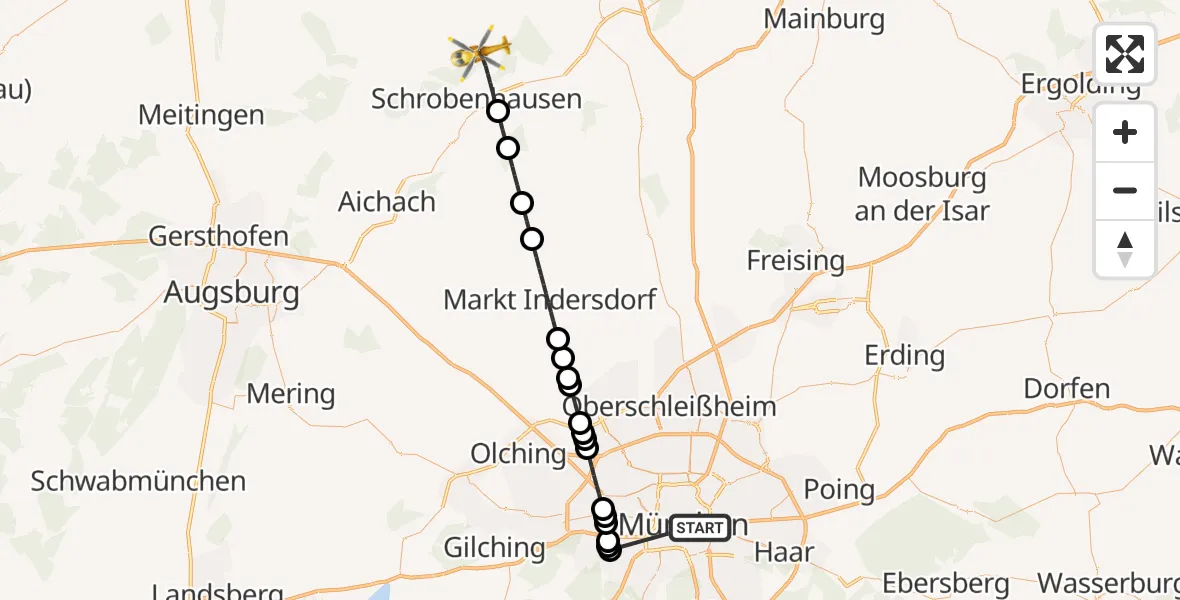 Flugroute Rettungshubschrauber Rechts der Isar University Hospital - Schrobenhausen, 31 Juli 2026, 02:48