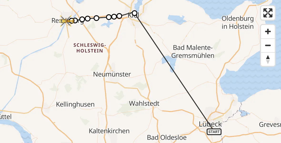 Flugroute Ambulanzhubschrauber Lübeck - Rendsburg, 31 Juli 2026, 03:08