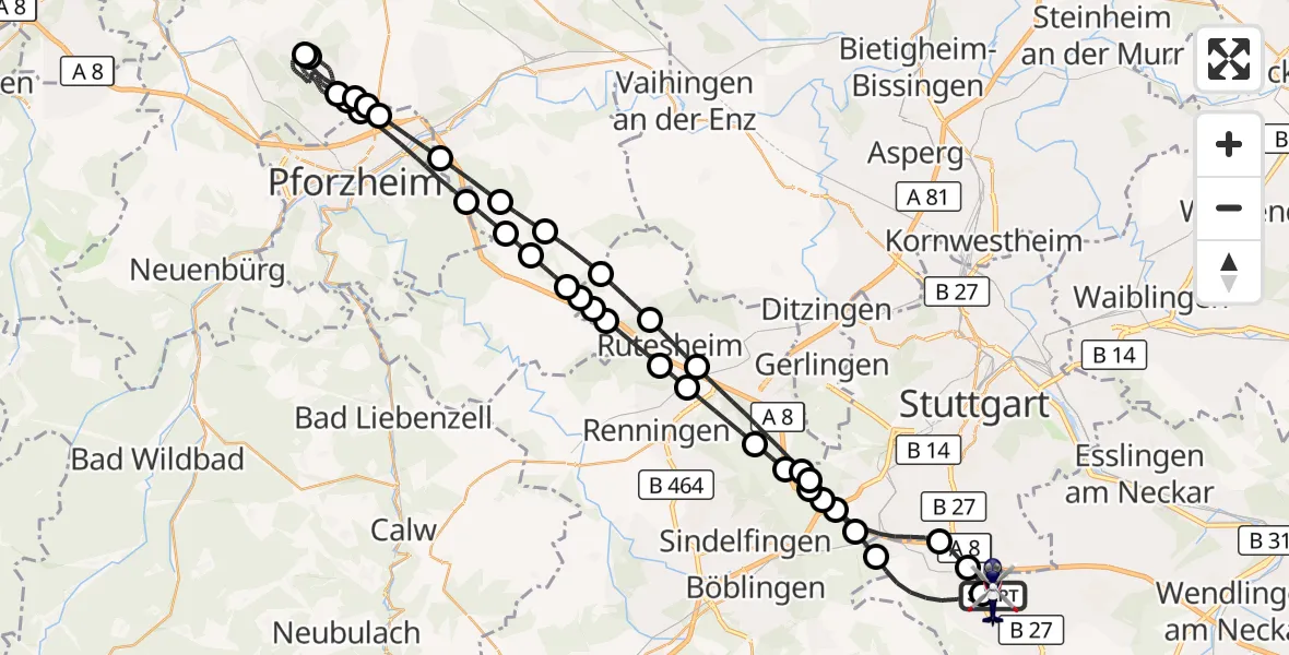 Flugroute Polizeihubschrauber Flughafen Stuttgart - Flughafen Stuttgart, 31 Juli 2026, 04:37
