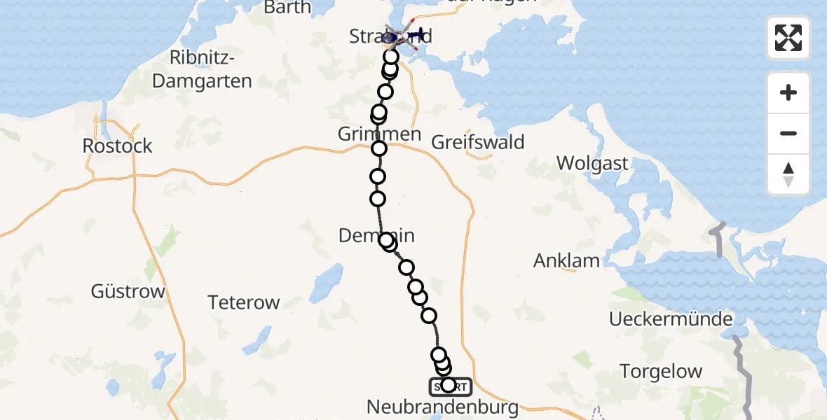 Flugroute Polizeihubschrauber Neubrandenburg Trollenhagen Flughafen - Stralsund, 31 Juli 2026, 04:59