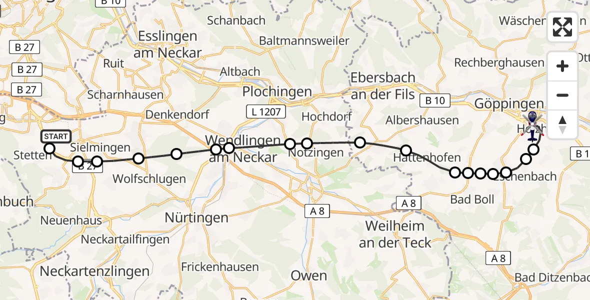 Flugroute Polizeihubschrauber Flughafen Stuttgart - Göppingen, 31 Juli 2026, 05:03