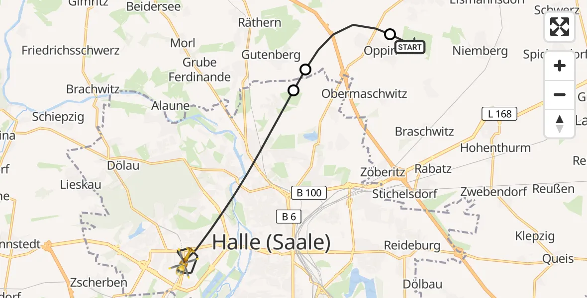Flugroute Rettungshubschrauber Halle-Oppin Flugplatz - Halle (Saale), 31 Juli 2026, 05:15
