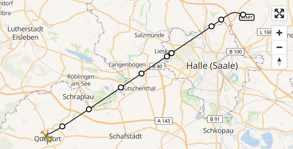 Flugroute Rettungshubschrauber Halle-Oppin Flugplatz - Querfurt, 31 Juli 2026, 05:16