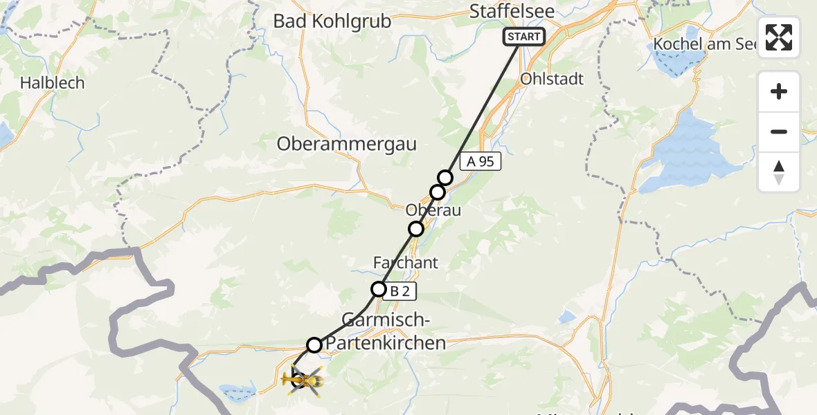 Flugroute Rettungshubschrauber Murnau a.Staffelsee - Brandweg Hubschrauberlandeplatz, 31 Juli 2026, 05:25