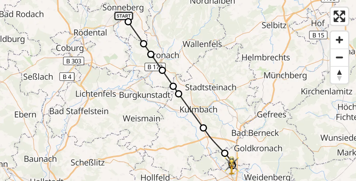Flugroute Ambulanzhubschrauber Sonneberg - Hohe Warte Hospital, 31 Juli 2026, 05:28