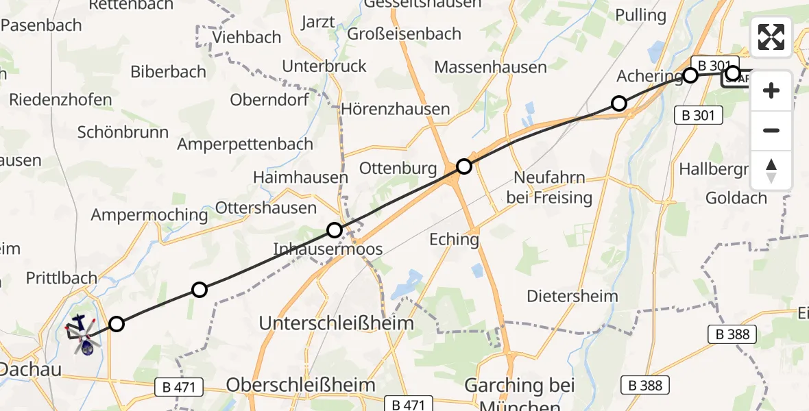 Flugroute Polizeihubschrauber München Flughafen - Dachau, 31 Juli 2026, 05:32