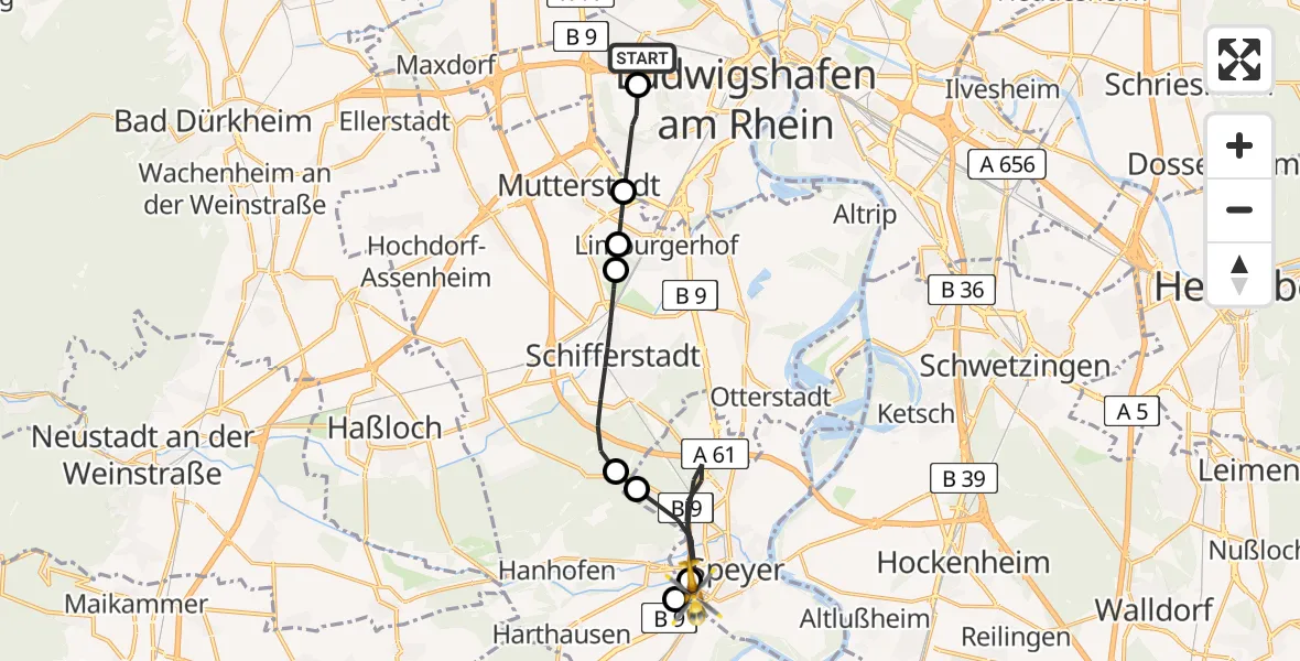 Flugroute Rettungshubschrauber Ludwigshafen Accident Hospital - Speyer, 31 Juli 2026, 05:36