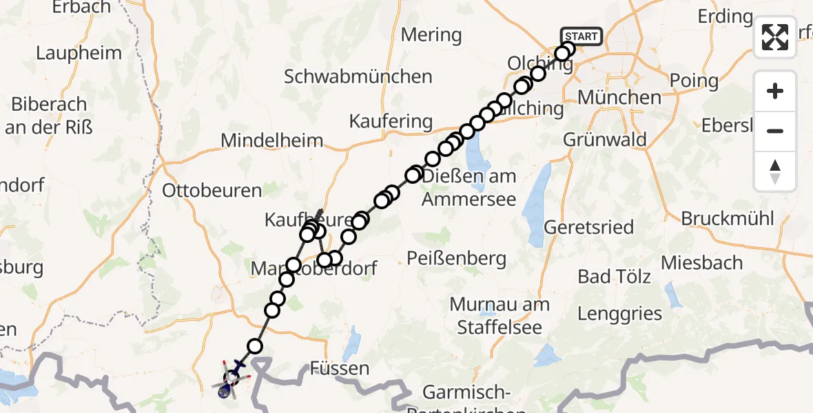 Flugroute Polizeihubschrauber Dachau - Sonthofen, 31 Juli 2026, 05:44