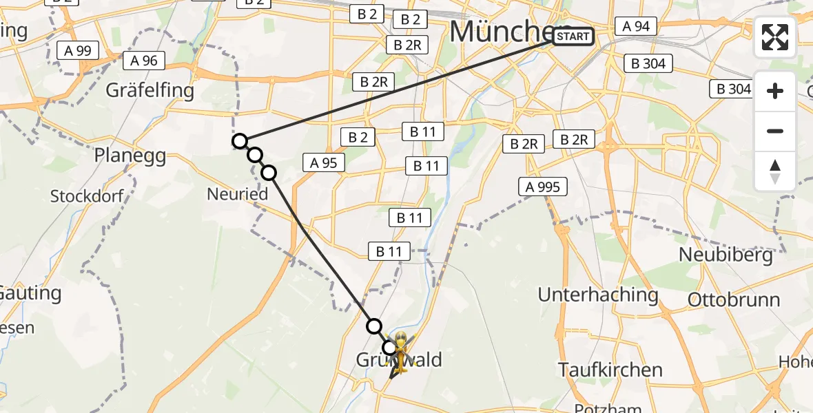 Flugroute Rettungshubschrauber Rechts der Isar University Hospital - Grünwald, 31 Juli 2026, 05:54