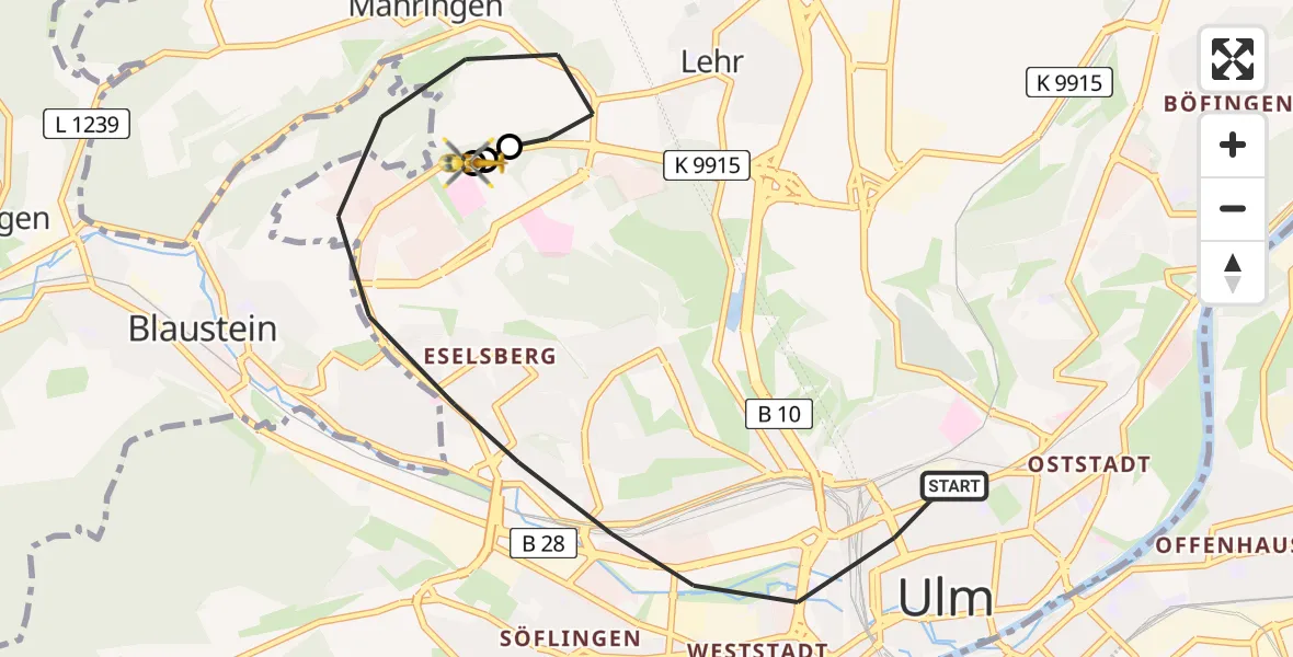 Flugroute Rettungshubschrauber Ulm - ADAC Air Rescue Station Ulm (Christoph 22), 31 Juli 2026, 06:04