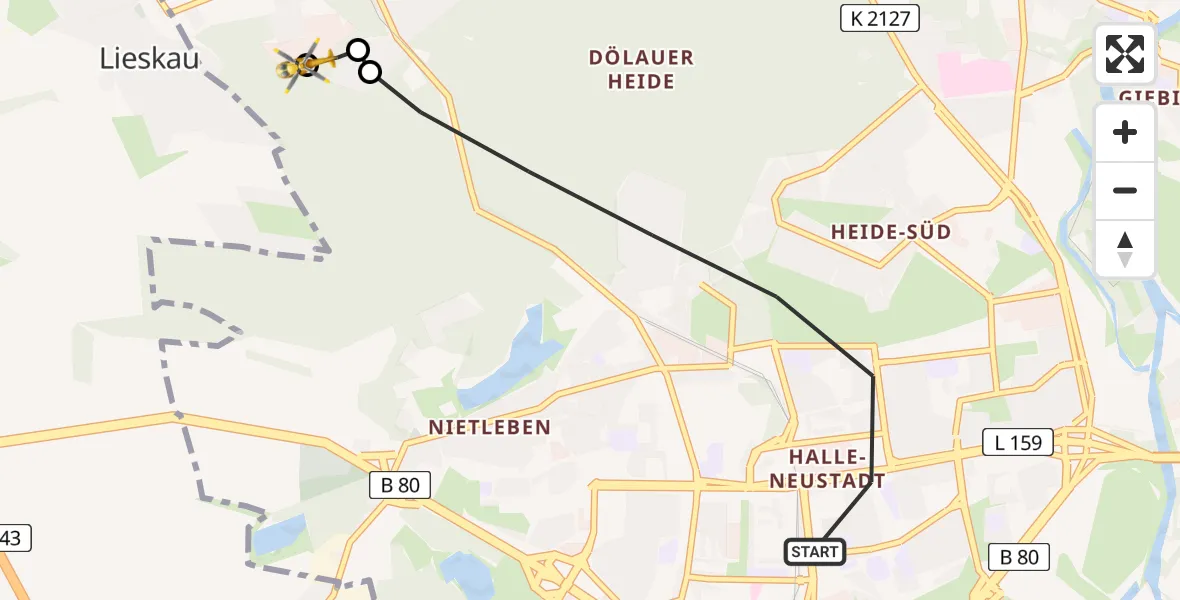 Flugroute Rettungshubschrauber Halle (Saale) - Martha-Maria Halle-Dölau Hospital Hubschrauberlandeplatz, 31 Juli 2026, 06:11