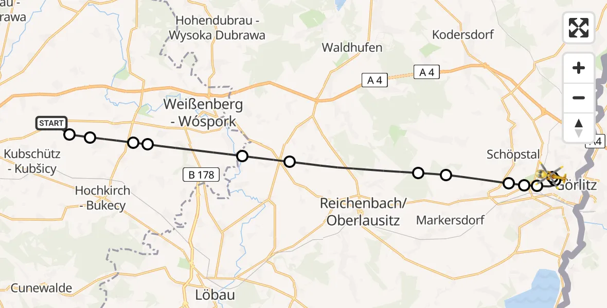 Flugroute Rettungshubschrauber Bautzen Flugplatz - Görlitz Hospital, 31 Juli 2026, 06:13