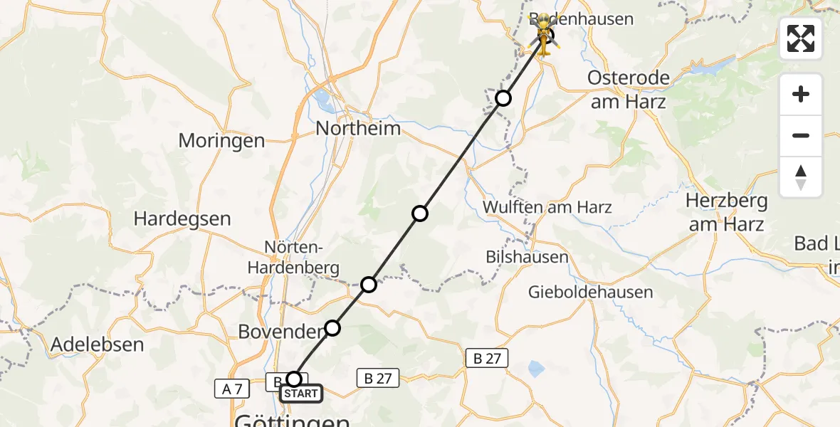 Flugroute Rettungshubschrauber Göttingen University Clinic Hubschrauberlandeplatz - Bad Grund (Harz), 31 Juli 2026, 06:16