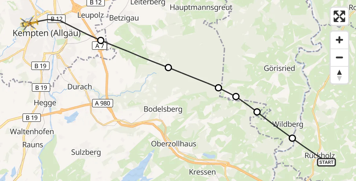 Flugroute Rettungshubschrauber Rückholz - Kempten (Allgäu), 31 Juli 2026, 06:16