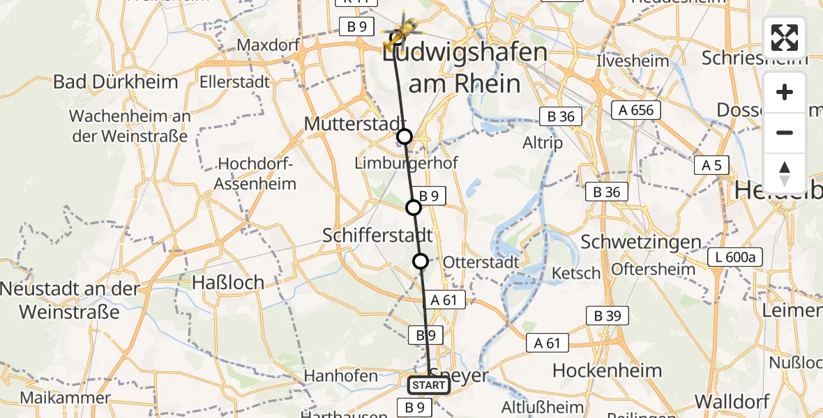 Flugroute Rettungshubschrauber Speyer - Ludwigshafen Accident Hospital, 31 Juli 2026, 06:31