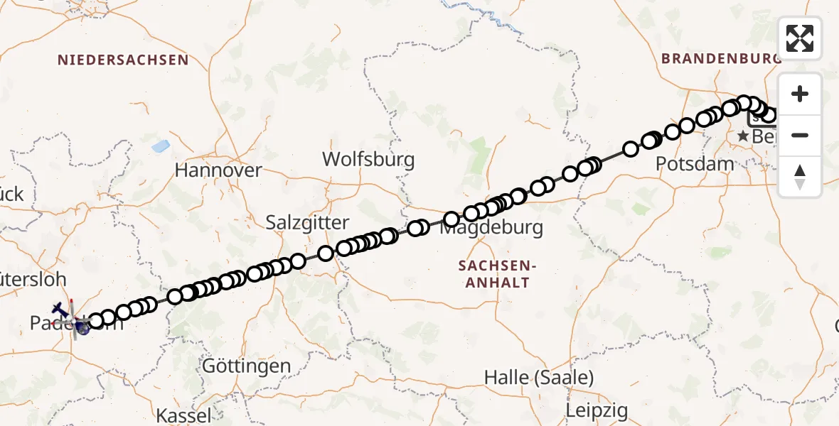 Flugroute Polizeihubschrauber Ahrensfelde Hubschrauberlandeplatz - Paderborn, 31 Juli 2026, 06:35