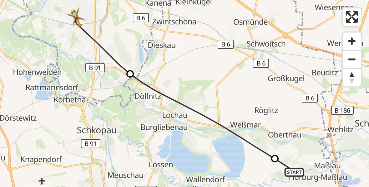 Flugroute Rettungshubschrauber Leuna - Halle (Saale), 31 Juli 2026, 06:38