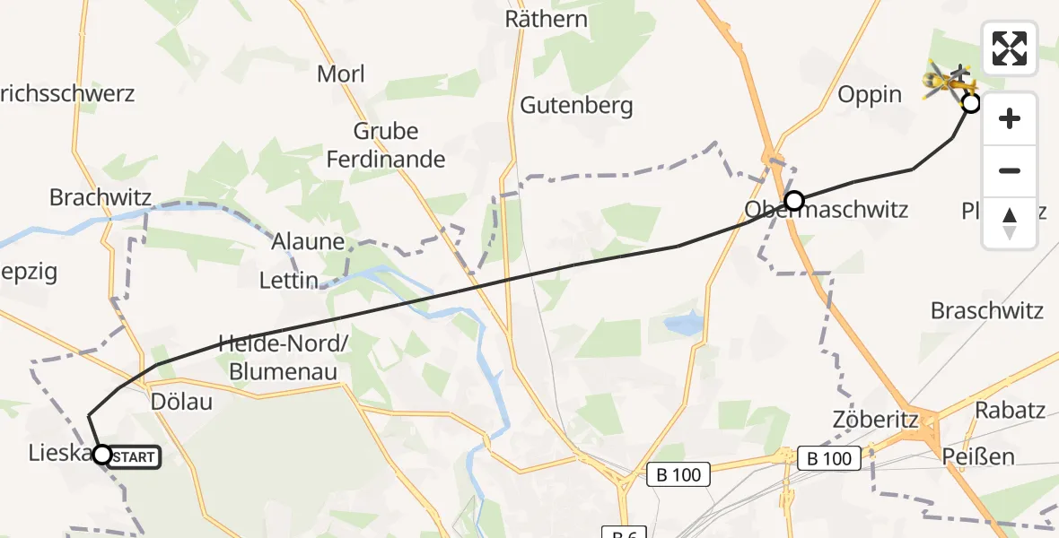 Flugroute Rettungshubschrauber Martha-Maria Halle-Dölau Hospital - Halle-Oppin Flugplatz, 31 Juli 2026, 06:39