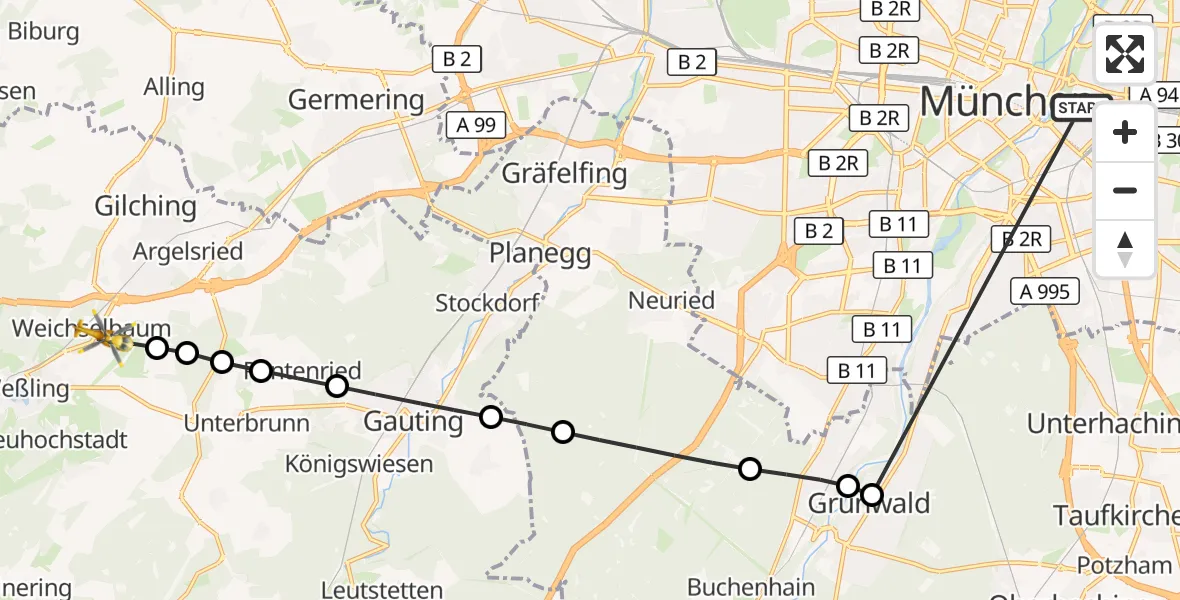 Flugroute Rettungshubschrauber Rechts der Isar University Hospital - Oberpfaffenhofen Flughafen, 31 Juli 2026, 06:43