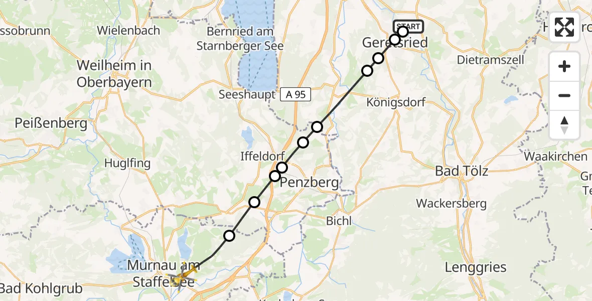 Flugroute Rettungshubschrauber Dietramszell - Murnau a.Staffelsee, 31 Juli 2026, 06:45