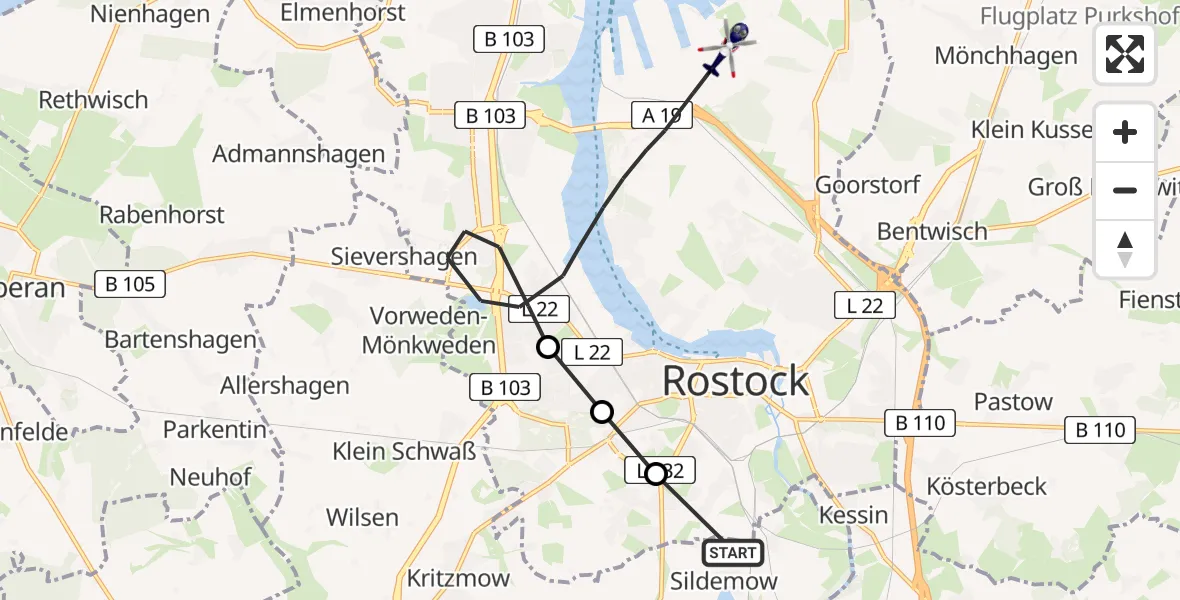 Flugroute Polizeihubschrauber Papendorf - Rostock, 31 Juli 2026, 06:46