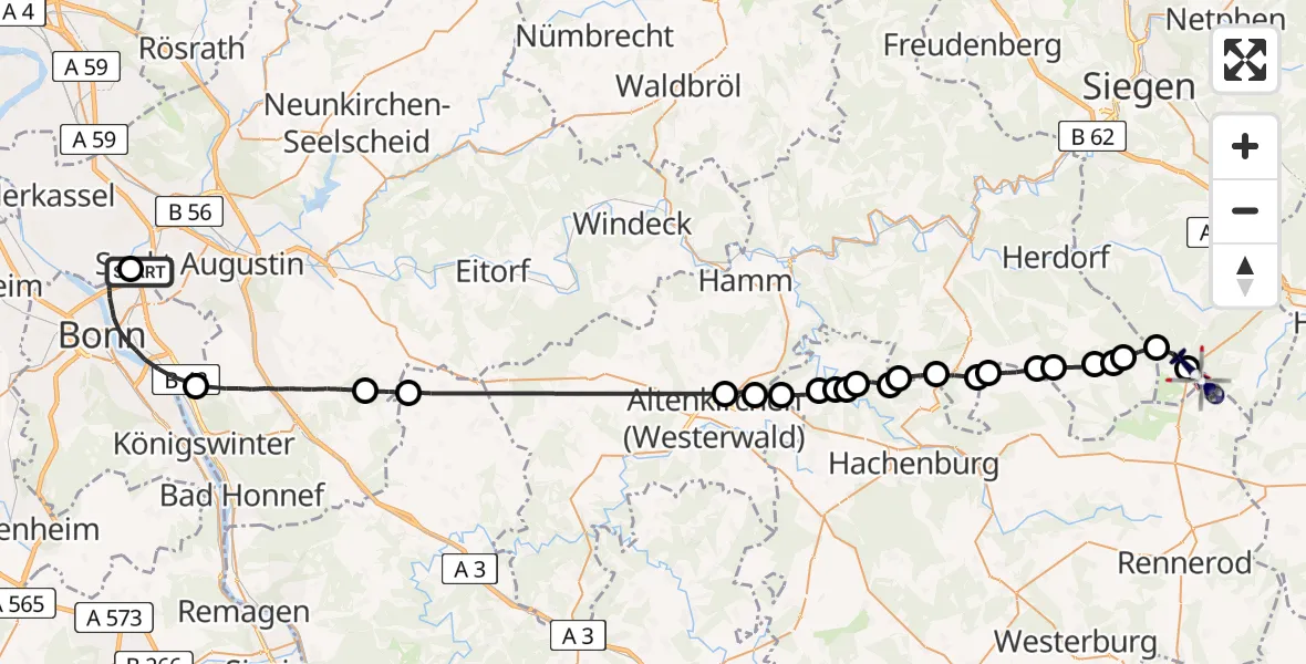 Flugroute Polizeihubschrauber Sankt Augustin - Siegerland Flughafen, 31 Juli 2026, 06:50