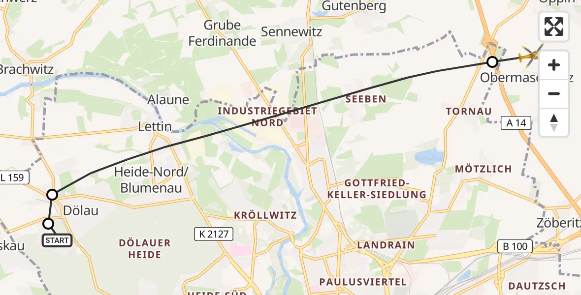 Flugroute Rettungshubschrauber Martha-Maria Halle-Dölau Hospital - Landsberg, 31 Juli 2026, 06:54