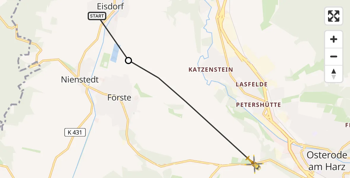 Flugroute Rettungshubschrauber Bad Grund (Harz) - Osterode am Harz, 31 Juli 2026, 06:56