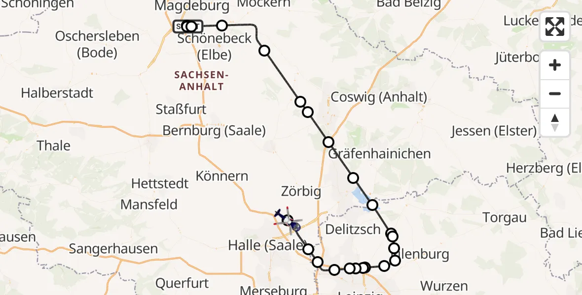 Flugroute Polizeihubschrauber Magdeburg City Flugplatz - Halle-Oppin Flugplatz, 31 Juli 2026, 07:03