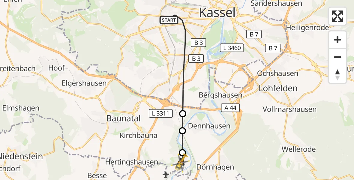 Flugroute Rettungshubschrauber Kassel - Baunatal, 31 Juli 2026, 07:10