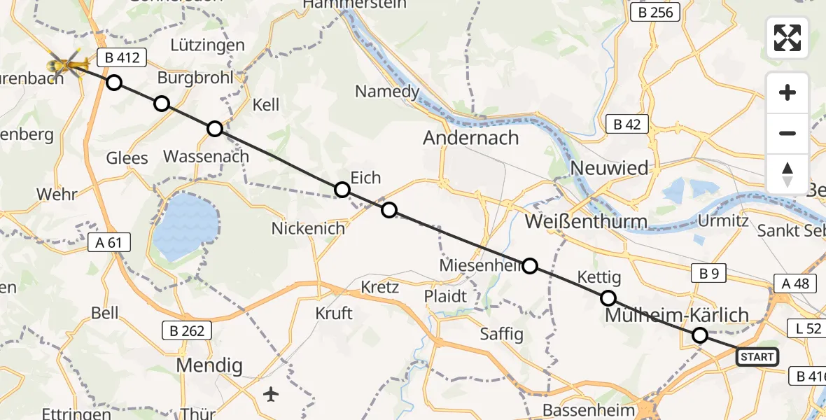 Flugroute Rettungshubschrauber Koblenz - Niederzissen, 31 Juli 2026, 07:12