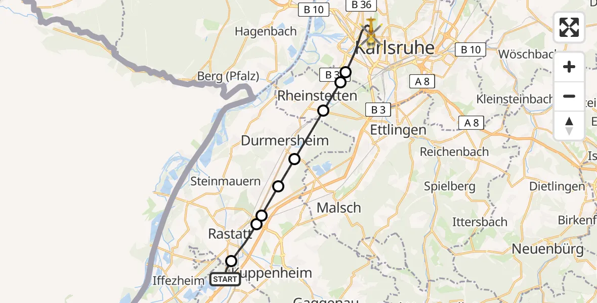 Flugroute Ambulanzhubschrauber Baden-Baden - Karlsruhe, 31 Juli 2026, 07:14
