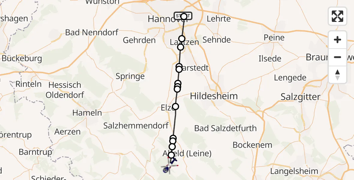 Flugroute Polizeihubschrauber Hannover Luftrettung Hubschrauberlandeplatz (Christoph 4) - Delligsen, 31 Juli 2026, 07:18