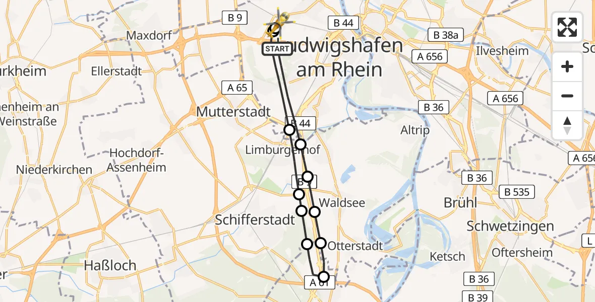 Flugroute Rettungshubschrauber Ludwigshafen am Rhein - Ludwigshafen Accident Hospital, 31 Juli 2026, 07:18