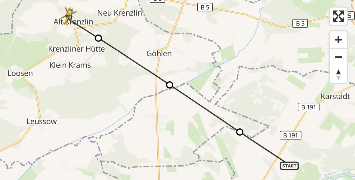 Flugroute Rettungshubschrauber Eldena - Alt Krenzlin, 31 Juli 2026, 07:19
