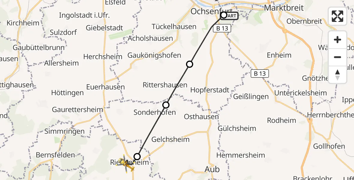 Flugroute Rettungshubschrauber Ochsenfurt Hospital - Riedenheim, 31 Juli 2026, 07:23